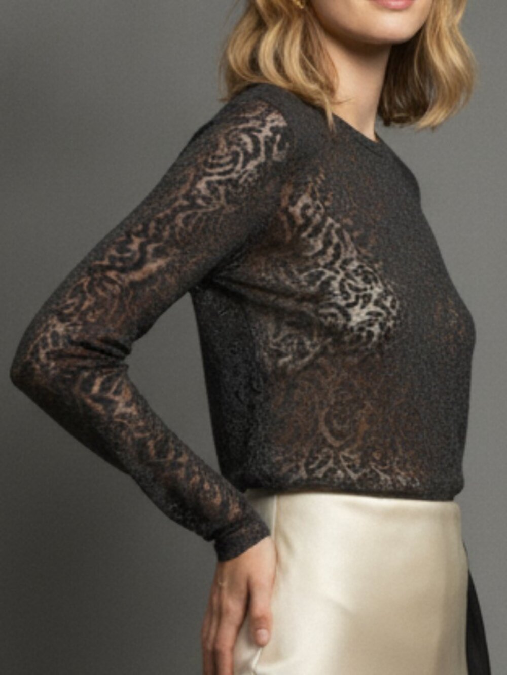 ZARA NWT Charcoal Gray Floral Burnout Semi-Sheer Long Sleeve Top